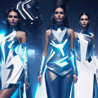 Three women in futuristic white and blue outfits with geometric designs standing together.