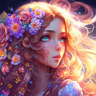 Fantasy portrait of woman with golden hair and flowers under starry sky