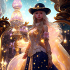 Detailed Golden Corset and Starry Dress with Glowing Orbs