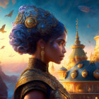 Regal woman in golden armor and jeweled headdress against cityscape at sunset