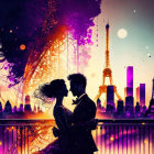 Silhouette of couple embracing with Eiffel Tower at sunset