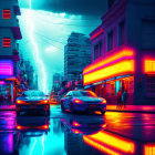 Vivid neon-lit street with lightning bolt in stormy cityscape