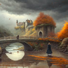 Individuals crossing stone bridge to castle by river under cloudy sky