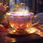 Glowing teacup with golden filigree and roses on dark background