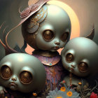 Surreal doll-like figures with golden eye designs, roses, birds on luminous backdrop