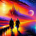 Silhouetted figures walking to futuristic cityscape under dual-mooned sky