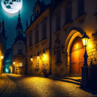 Nocturnal cobblestone street in old town under moonlight