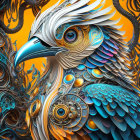 Colorful digital artwork: Ornate bird with intricate feather patterns in blue, gold, and orange,