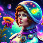 Digital artwork: Woman in retro-futuristic space helmet among sunflowers, cosmic backdrop.