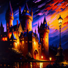 Vibrant painting of illuminated castle at night with dynamic sky and streetlamp