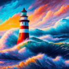 Colorful illustration of red and white lighthouse in stormy seas at sunset