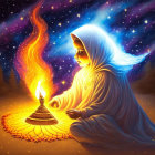 Mystical woman in starry winter landscape with swirling flames above her