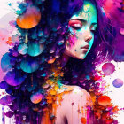 Vibrant digital artwork: Woman with purple and orange floral shapes