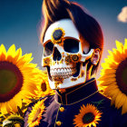 Masked person surrounded by sunflowers under blue sky