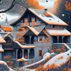 Snow-covered cottage in winter village with orange-leafed trees