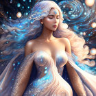 Galactic-themed portrait of a serene woman with flowing hair surrounded by orbs and cosmic colors