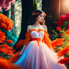 Woman in Vibrant Orange and Pink Gown Surrounded by Lush Flowers