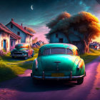 Vintage Cars Parked on Rural Road at Dusk with Colorful Houses