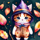 Orange and White Cat in Witch Hat and Coat Surrounded by Autumn Leaves