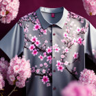 Purple Shirt with Cherry Blossom Print on Soft Pink Background