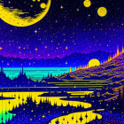 Digital artwork: Starry night sky, crescent moon, lake, pine trees, hills