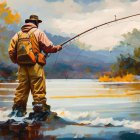 Person fishing in river with autumn foliage and jumping fish