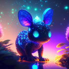 Fantastical creature with translucent wings in neon-lit alien landscape