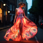 Vibrant high-low halter neck gown on woman in city street at dusk