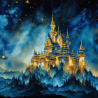 Golden castle in misty blue clouds under starry sky