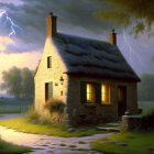 Thatched Roof Stone Cottage in Stormy Sky Scene