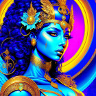 Colorful woman with blue skin and ornate headpiece on celestial background