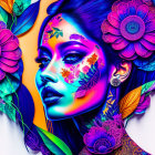 Colorful Woman's Profile with Floral Patterns on Large Flowers Background