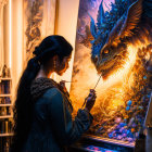 Vibrant blue dragon painting in cozy, floral room