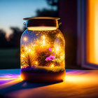 Glass jar with fairy lights and flowers against dusk backdrop