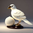 Stylized white bird on golden stand with ornate object on wooden base