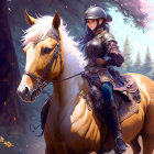 Woman with Blue Hair in Ornate Armor Riding White Horse in Mystical Forest