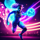 Futuristic female athlete with energy wings and glowing orb in vibrant neon setting