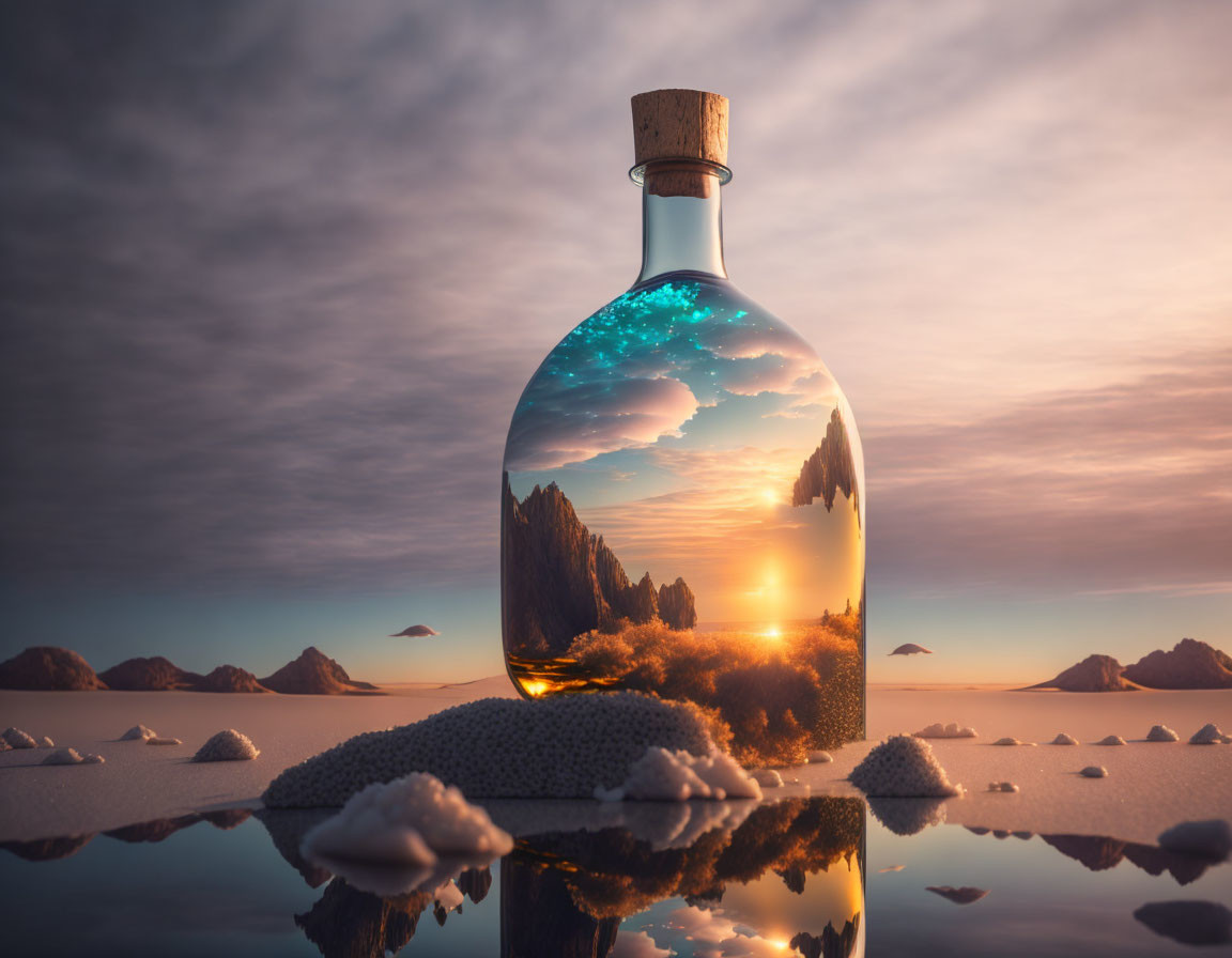 Sunset beach scene in bottle on reflective surface