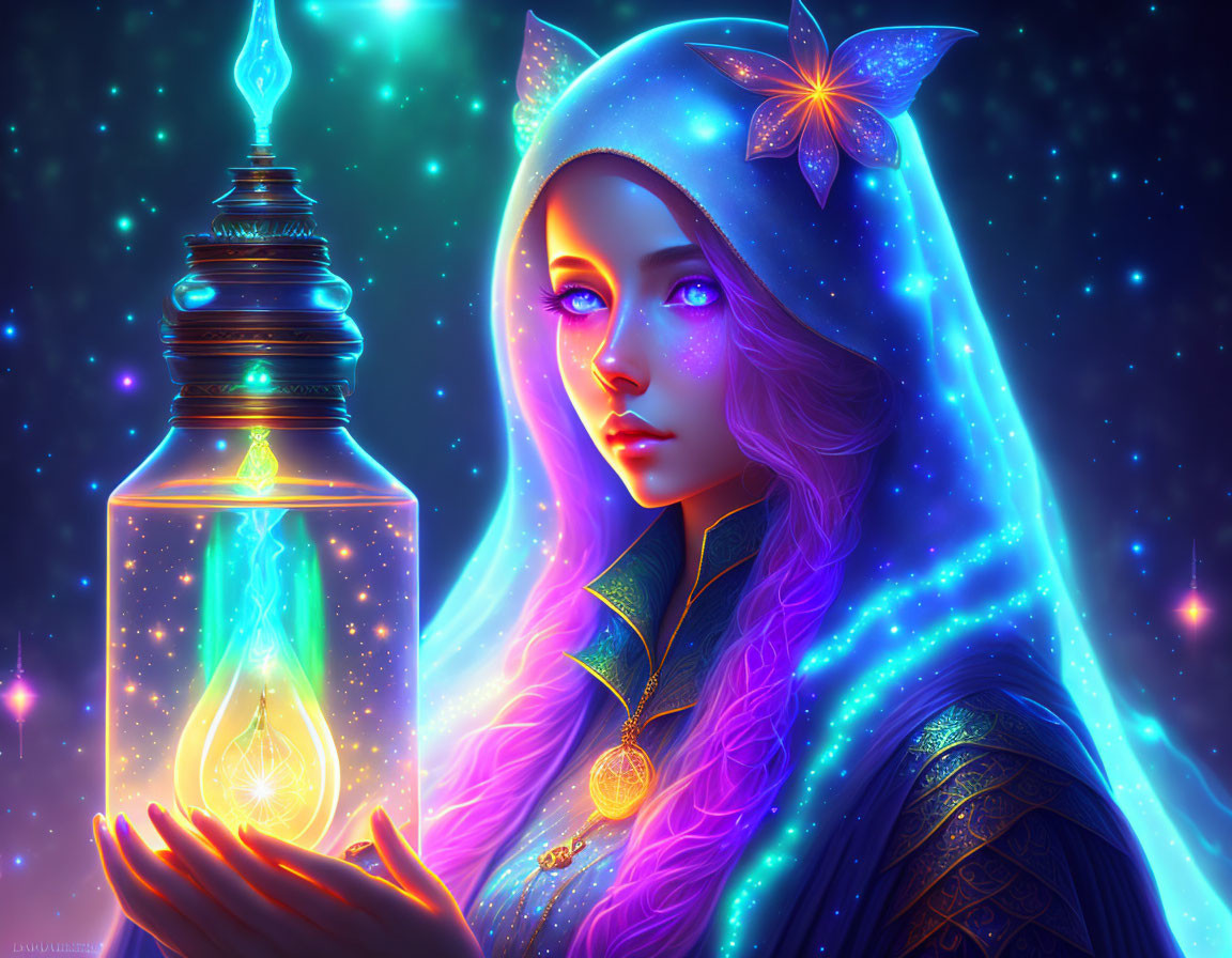 Mystical woman with purple hair holding lantern among stars