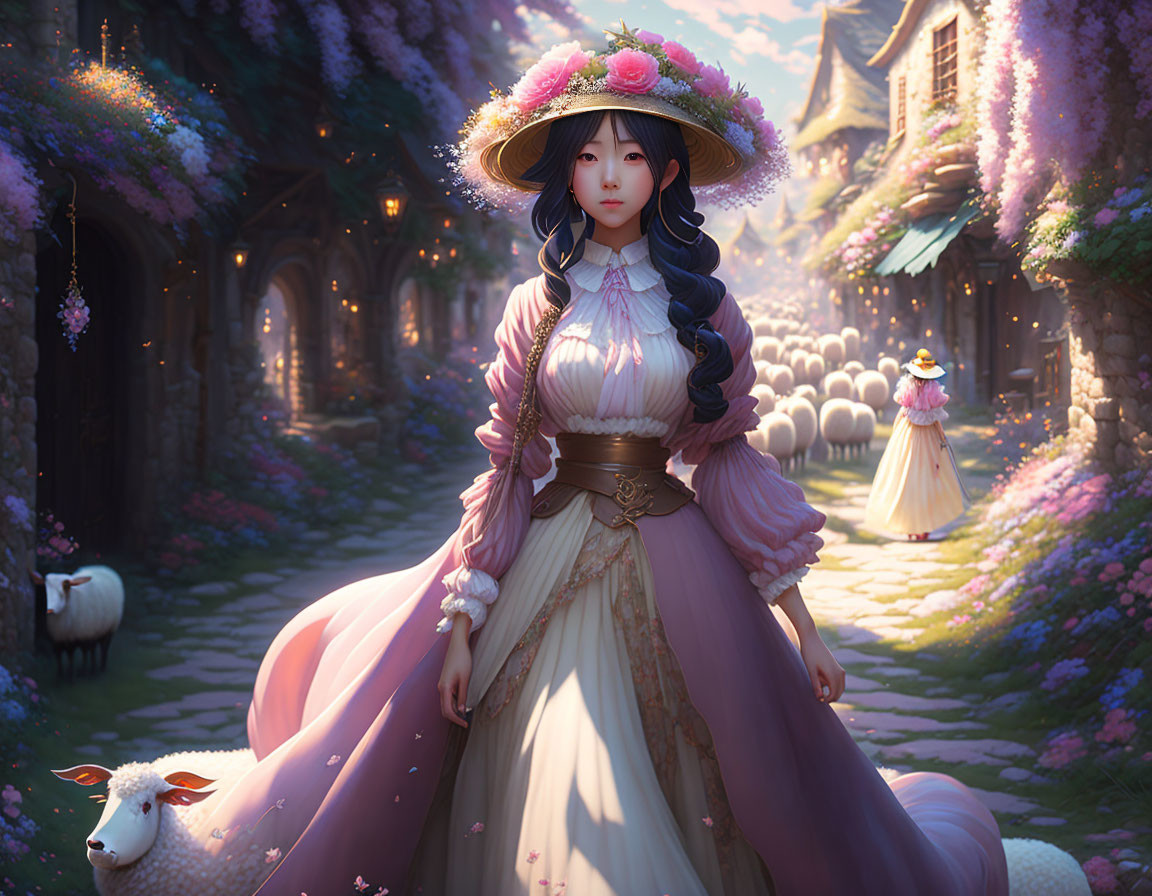 Victorian-era woman in flower-adorned dress in fairy tale village landscape