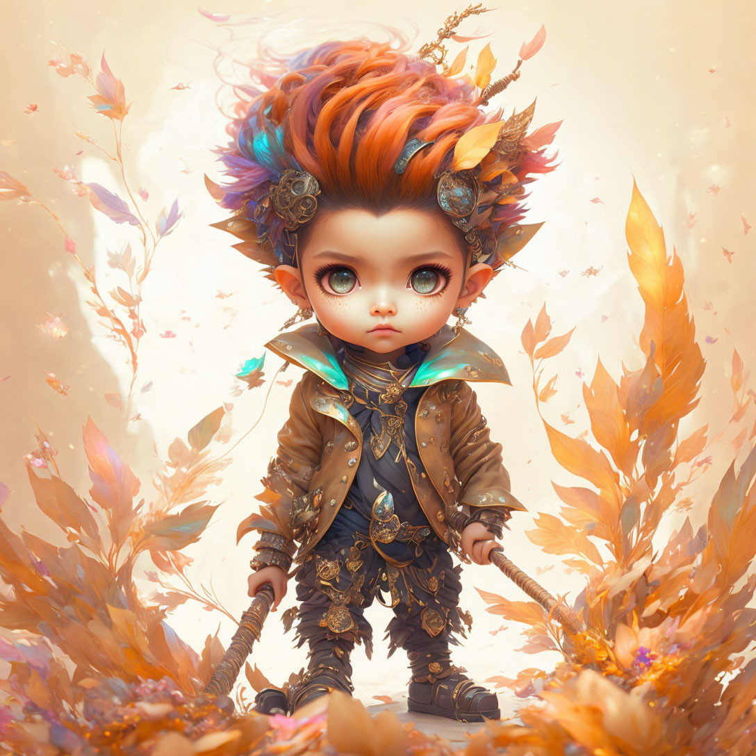 Vibrant Child Illustration with Multicolored Hair and Autumn Leaves