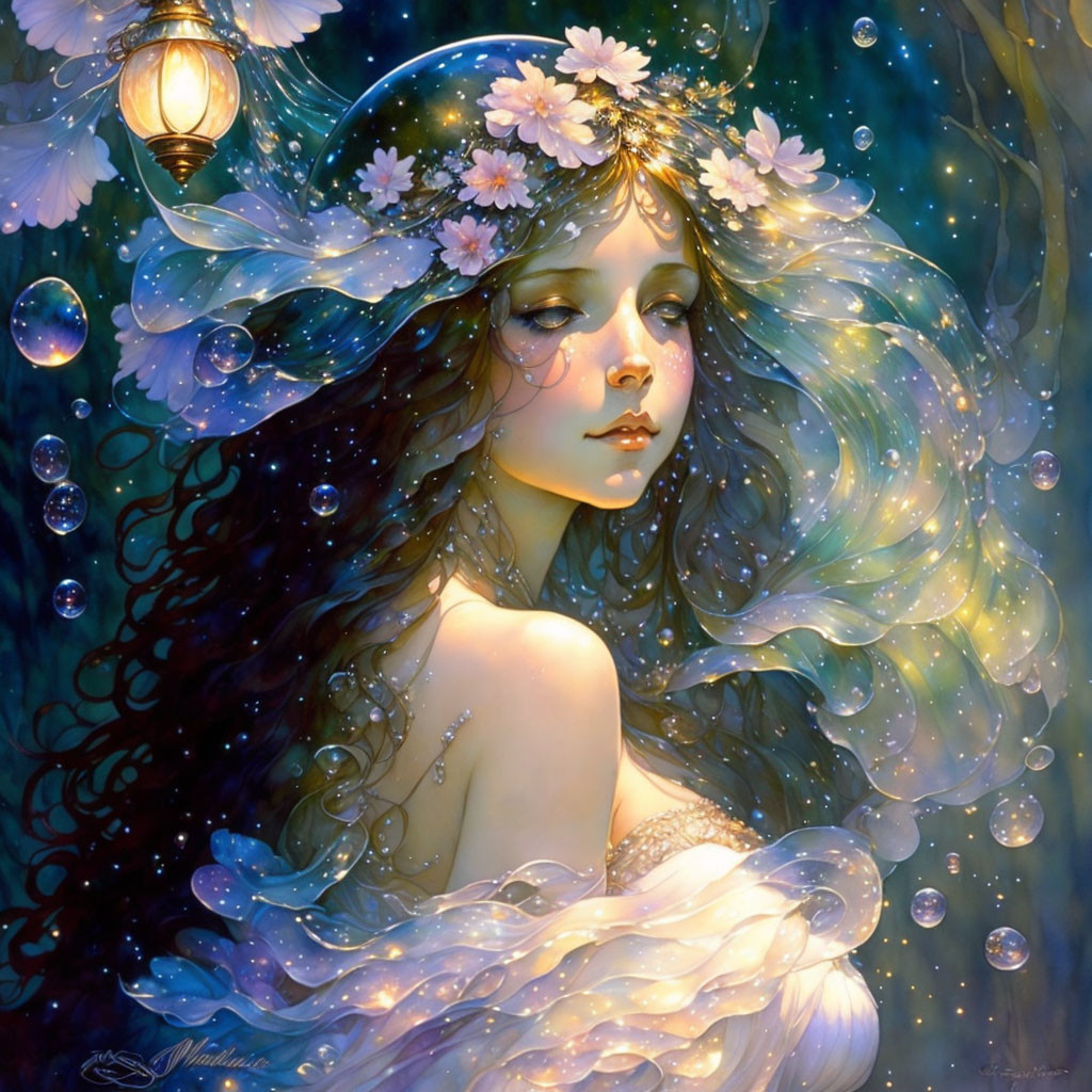 Fantasy illustration of woman with flowing hair and flowers, surrounded by bubbles and lanterns on starry