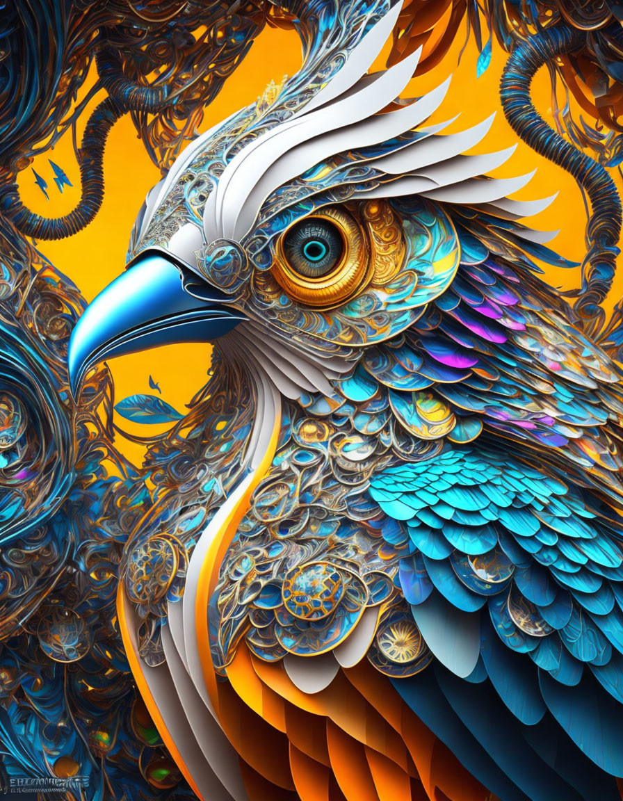 Colorful digital artwork: Ornate bird with intricate feather patterns in blue, gold, and orange,