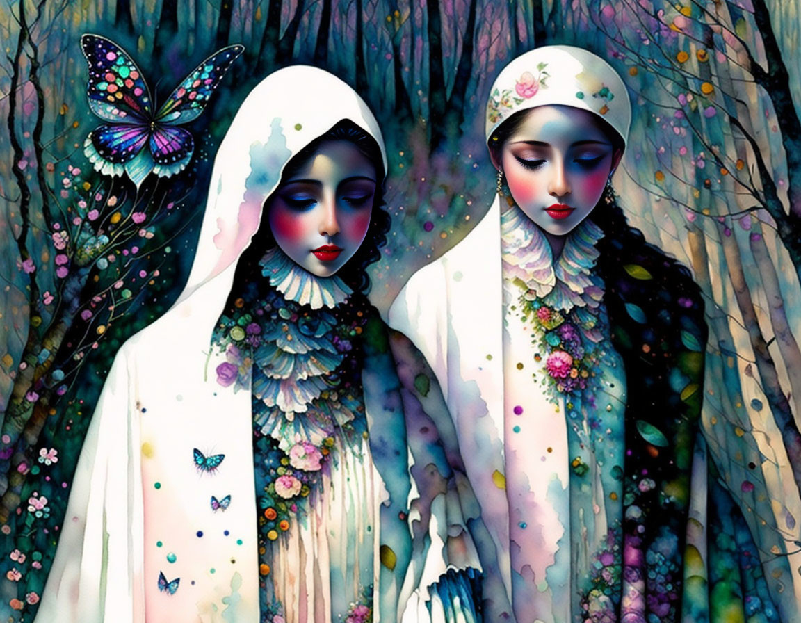 Illustrated female figures with ornate headdresses in mystical forest with butterfly