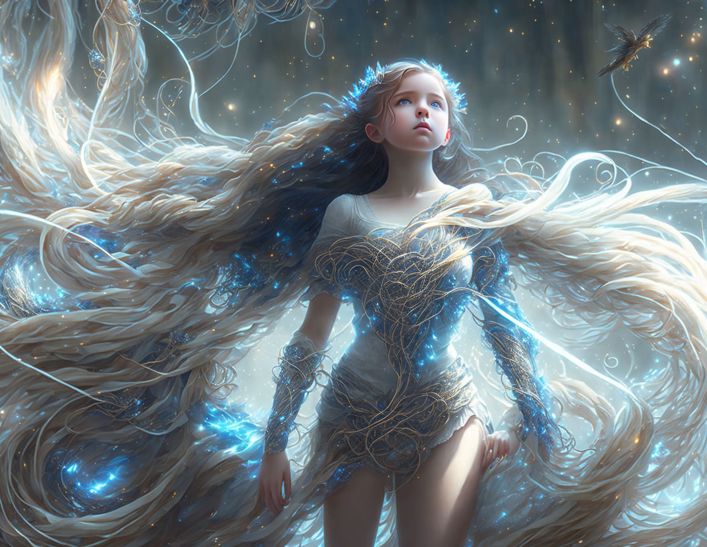 Fantastical image: Girl with luminescent hair, blue garb, glowing particles, humming