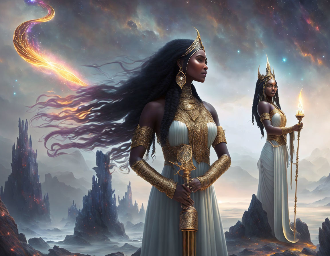 Two women in gold headdresses in mystical landscape