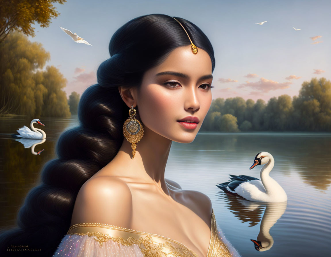 Digital painting: Elegant woman with braided hairstyle and gold jewelry by serene lake with swans, under