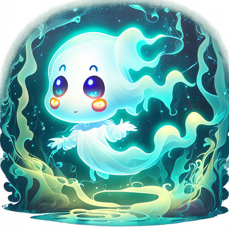 Whimsical cute ghost illustration in ornate circular frame