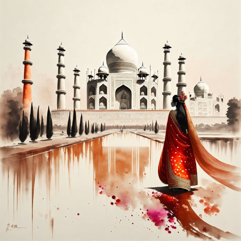 Woman in red saree gazes at Taj Mahal with water reflection and paint splashes