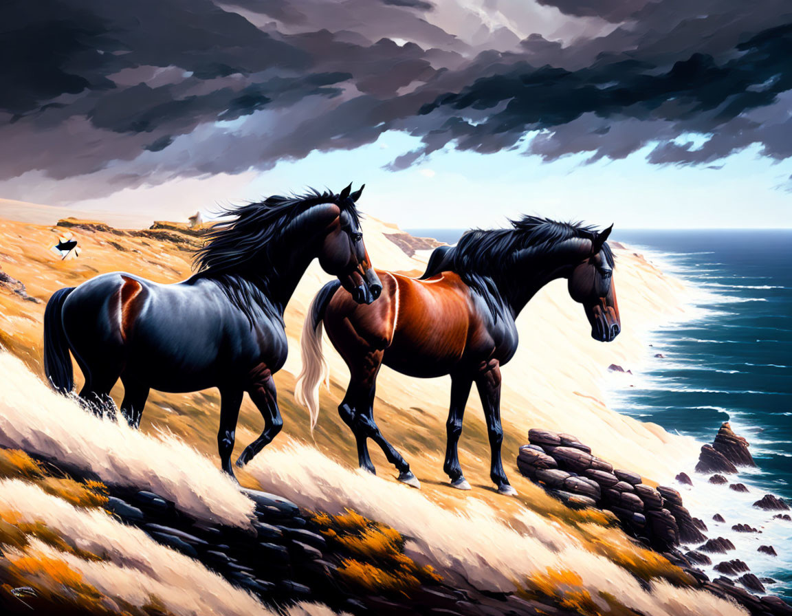 Three horses on coastal cliff under dramatic sky with sea and rock view